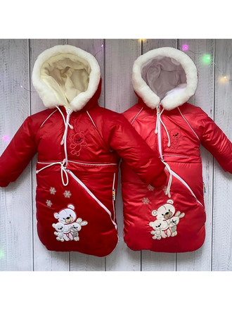 Зимовий костюм трійка на овчині з узліссям червоний(конверт, куртка, комбінезон) від 0 до 18 міс.